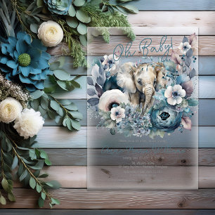 Olifant Oh Baby Blauw Bloemen Baby shower Acryl Uitnodigingen