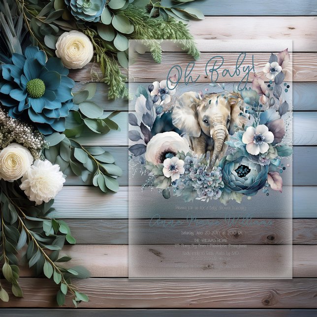 Olifant Oh Baby Blauw Bloemen Baby shower Acryl Uitnodigingen