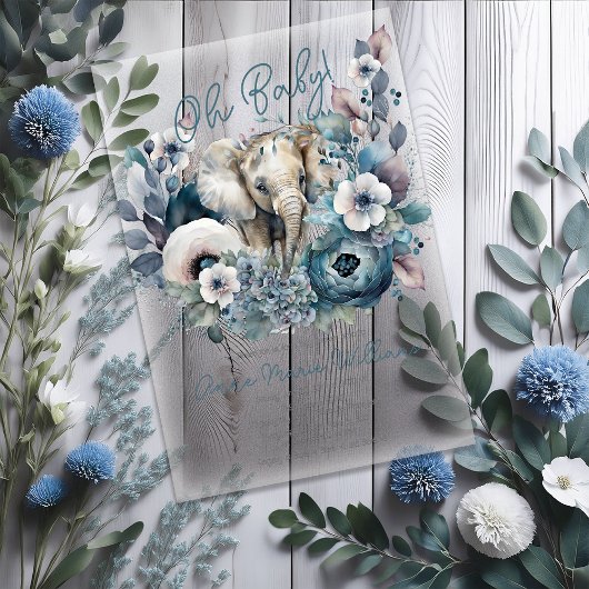 Olifant Oh Baby Blauw Bloemen Baby shower Acryl Uitnodigingen