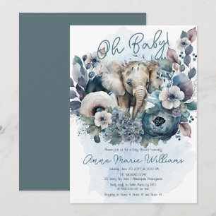 Olifant Oh Baby Blauw Bloemen Baby shower Kaart