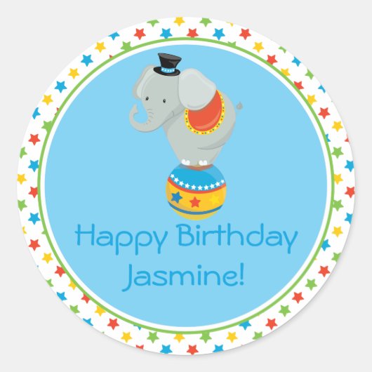 Olifant op Bal | Circusthema | Gepersonaliseerd Ronde Sticker (Voorkant)