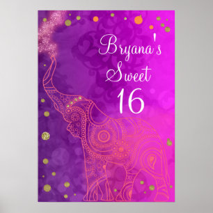 Olifant Paars Roze Oranje & Gouden Feest Banner Poster