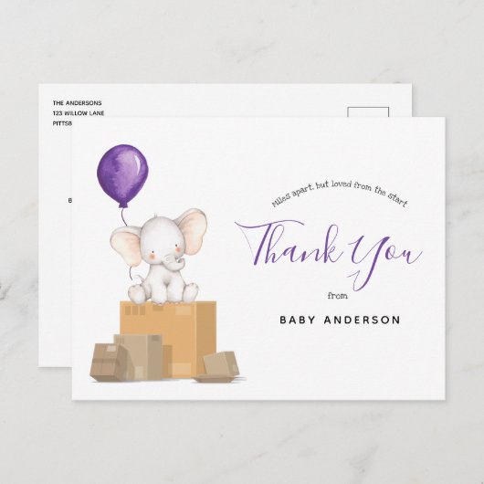 Olifant Paarse Baby shower per post dank u Briefkaart (Voorkant / Achterkant)