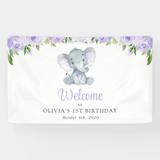 Olifant, Paarse bloemen, Eerste Verjaardag Welkom Spandoek (Horizontaal)