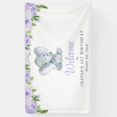 Olifant, Paarse bloemen, Eerste Verjaardag Welkom Spandoek (Verticaal)