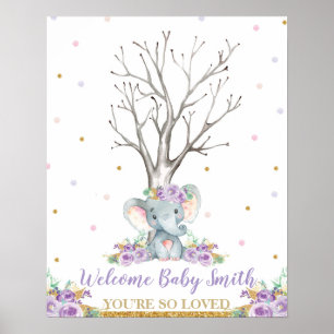 Olifant Paarse Meisje Baby shower Thumbprints Tree Poster