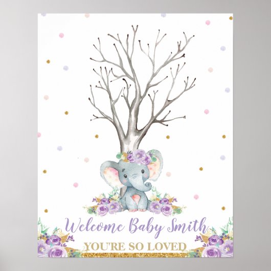 Olifant Paarse Meisje Baby shower Thumbprints Tree Poster (Voorkant)