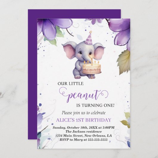 Olifant, Paarse Waterverf Bloem, Eerste Verjaardag Kaart (Voorkant / Achterkant)