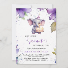 Olifant, Paarse Waterverf Bloem, Eerste Verjaardag Kaart