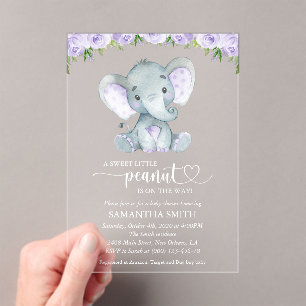 Olifant, Paarse Waterverf Bloemen, Baby Shower Acryl Uitnodigingen