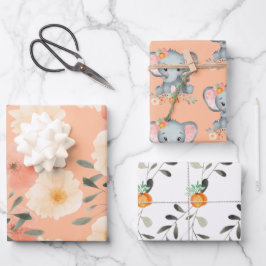 Olifant Peach Fuzz Baby shower Schattige Girly Flo Inpakpapier Vel