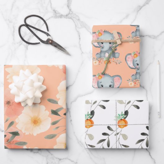 Olifant Peach Fuzz Baby shower Schattige Girly Flo Inpakpapier Vel (Voorkant)