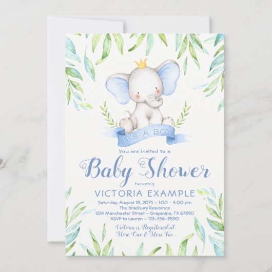 Olifant Prince Baby Shower Uitnodigingen (Voorkant)
