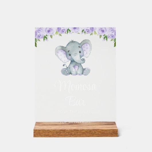 Olifant, Purple Flowers, Baby shower Momosa Bar Acryl Bord (Voorkant)