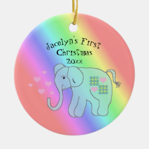 Olifant Regenboog Kleuren Baby's Eerste Kerstmis Keramisch Ornament