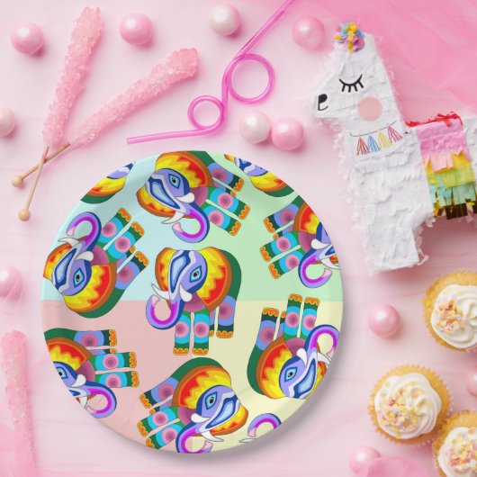 Olifant regenboog kleuren patchwork papieren bordje (Feest)