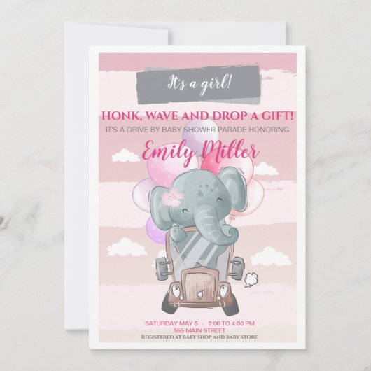 Olifant rijden door baby shower uitnodiging meisje (Voorkant)