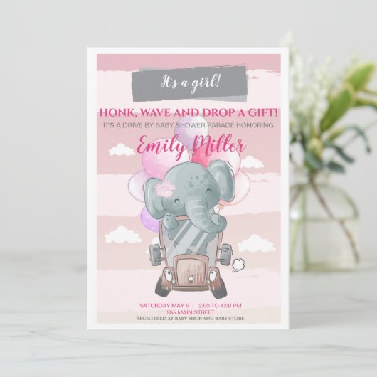Olifant rijden door baby shower uitnodiging meisje (Staand voorkant)