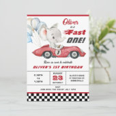 Olifant Rode Race Auto Snel Een 1e Eerste Verjaard Kaart (Staand voorkant)