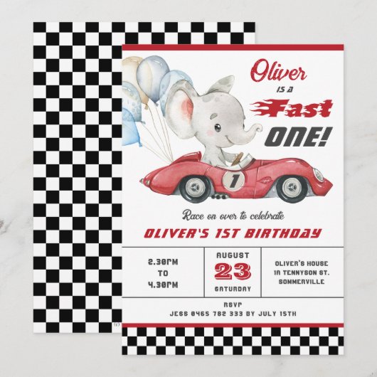 Olifant Rode Race Auto Snel Een 1e Eerste Verjaard Kaart (Voorkant / Achterkant)