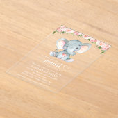 Olifant, Roze Aquarel Bloemen, Baby Shower Acryl Uitnodigingen (Laagn)