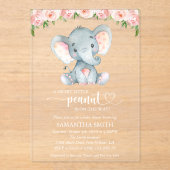 Olifant, Roze Aquarel Bloemen, Baby Shower Acryl Uitnodigingen (Voorkant)