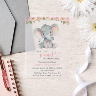 Olifant, Roze Aquarel Bloemen, Eerste Verjaardag Vellum Uitnodigingen
