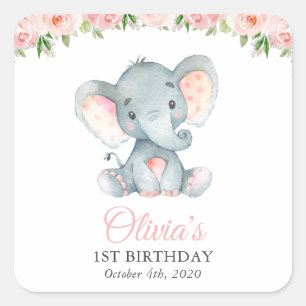 Olifant, Roze Aquarel Bloemen, Eerste Verjaardag Vierkante Sticker