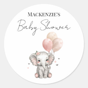 Olifant & Roze Ballonnen Meisje Baby Shower Ronde Sticker
