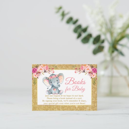 Olifant roze bloemboeken voor Baby shower glitter Informatiekaartje (Staand voorkant)