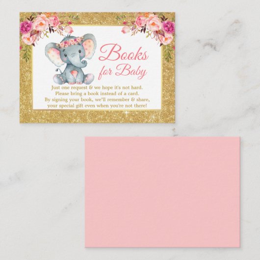 Olifant roze bloemboeken voor Baby shower glitter Informatiekaartje (Voorkant / Achterkant)