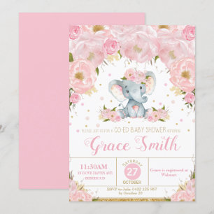 Olifant Roze Bloemen Co-ed Baby shower Meisje Kaart