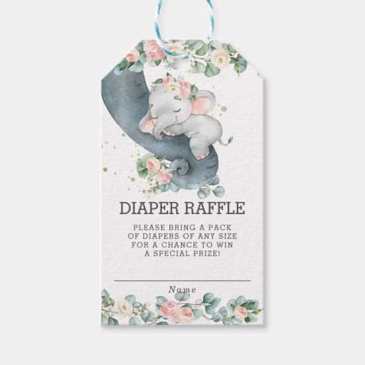Olifant Roze Bloemen Douche Luier Raffle Kaart Cadeaulabel (Voorkant)