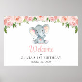 Olifant, Roze Bloemen, Eerste Verjaardag Welkom Poster (Voorkant)