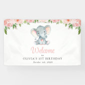 Olifant, Roze Bloemen, Eerste Verjaardag Welkom Spandoek (Horizontaal)