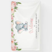 Olifant, Roze Bloemen, Eerste Verjaardag Welkom Spandoek (Verticaal)