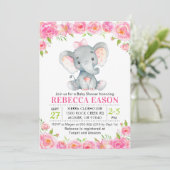 Olifant roze bloemenbaby meisje douche sprinkel kaart (Staand voorkant)