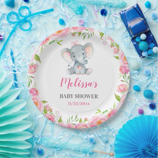 Olifant roze bloemenbaby meisje douche sprinkel papieren bordje (Feest)