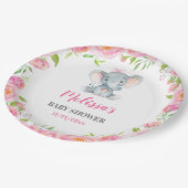 Olifant roze bloemenbaby meisje douche sprinkel papieren bordje (Gekanteld)