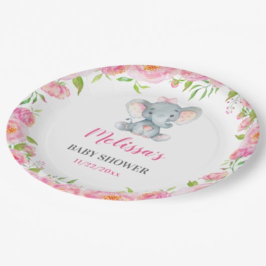 Olifant roze bloemenbaby meisje douche sprinkel papieren bordje (Gekanteld)