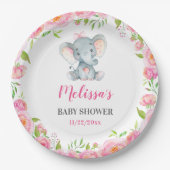 Olifant roze bloemenbaby meisje douche sprinkel papieren bordje (Voorkant)