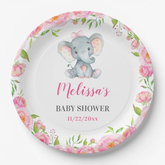Olifant roze bloemenbaby meisje douche sprinkel papieren bordje (Voorkant)