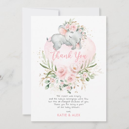  Olifant Roze Blush Goud Bloemen Baby shower Bedankkaart (Voorkant)