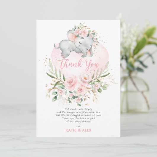  Olifant Roze Blush Goud Bloemen Baby shower Bedankkaart (Staand voorkant)