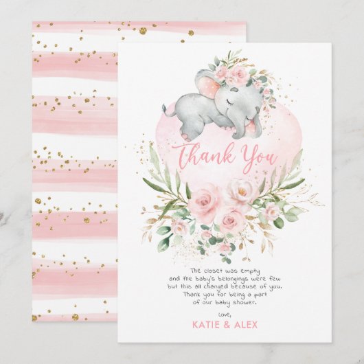  Olifant Roze Blush Goud Bloemen Baby shower Bedankkaart (Voorkant / Achterkant)