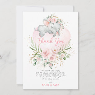  Olifant Roze Blush Goud Bloemen Baby shower Bedankkaart
