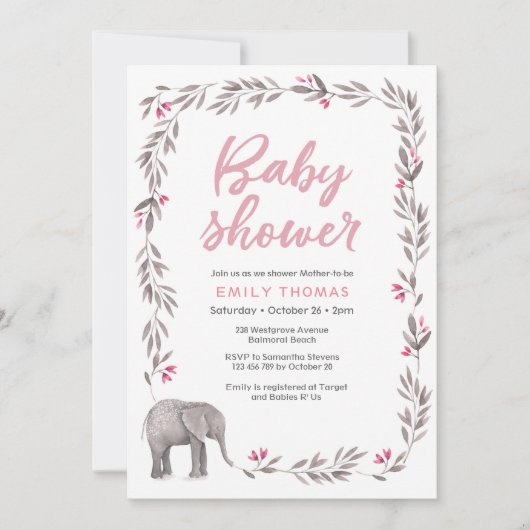 Olifant roze en grijs Baby shower Uitnodiging (Voorkant)