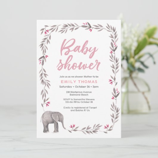 Olifant roze en grijs Baby shower Uitnodiging (Staand voorkant)
