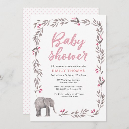 Olifant roze en grijs Baby shower Uitnodiging (Voorkant / Achterkant)