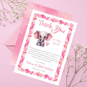 Olifant roze harten meisje Baby shower Bedankkaart